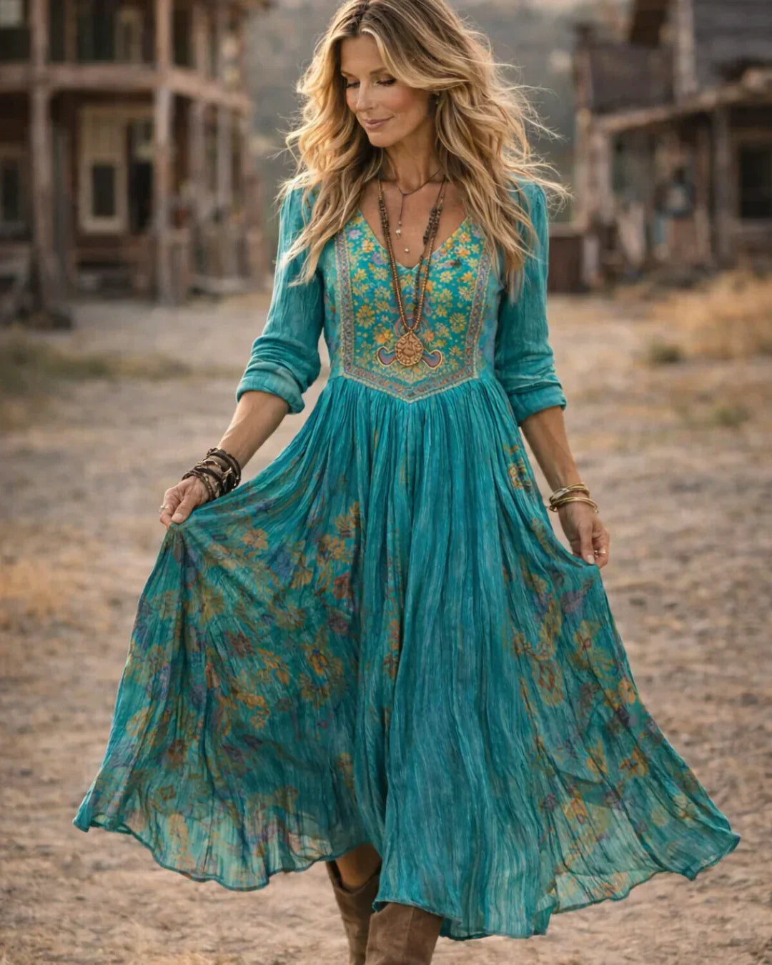 Elysia | Robe Maxi à Manches Longues avec Décolleté en V Brodée pour Femmes