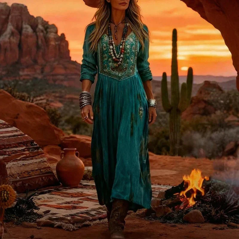 Elysia | Robe Maxi à Manches Longues avec Décolleté en V Brodée pour Femmes