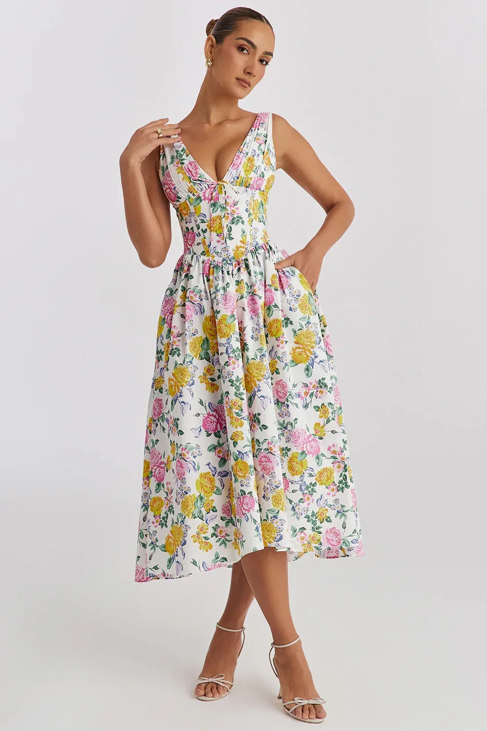 Ariana - Robe midi avec décolleté en V, corset et jupe évasée