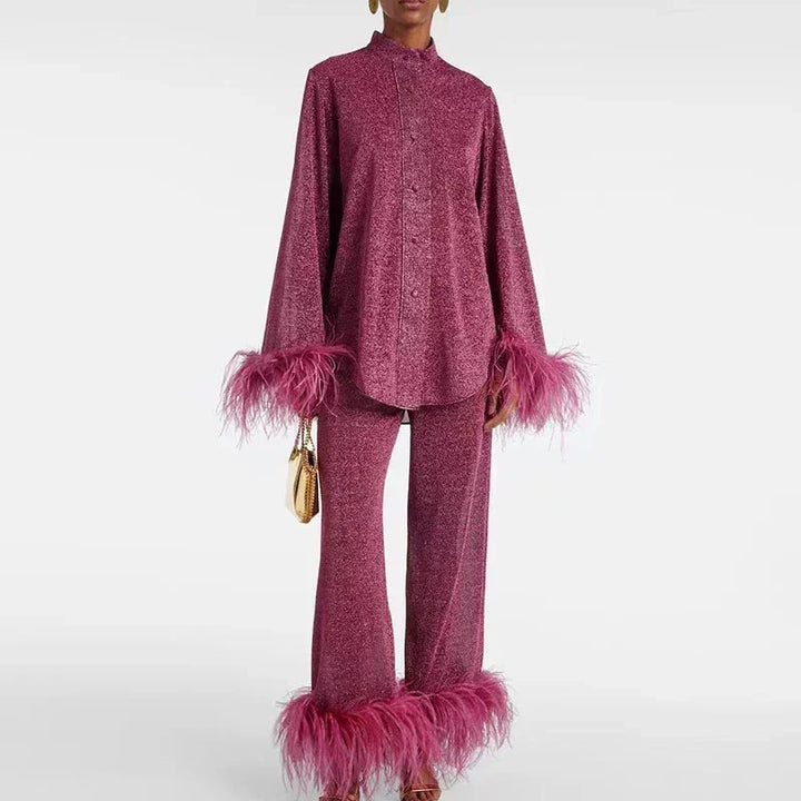 Claudia | Ensemble de Robe de Soirée à Paillettes pour Femmes avec Manches en Plumes – Ensemble Paillettes Manches en Plumes 2026