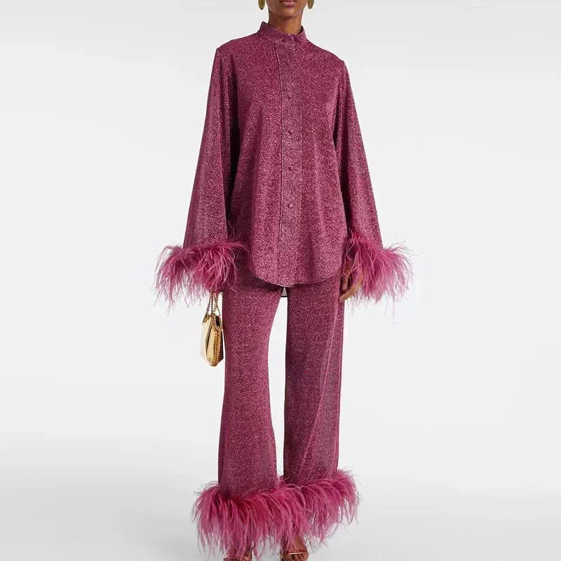 Claudia | Ensemble de Robe de Soirée à Paillettes pour Femmes avec Manches en Plumes – Ensemble Paillettes Manches en Plumes 2026