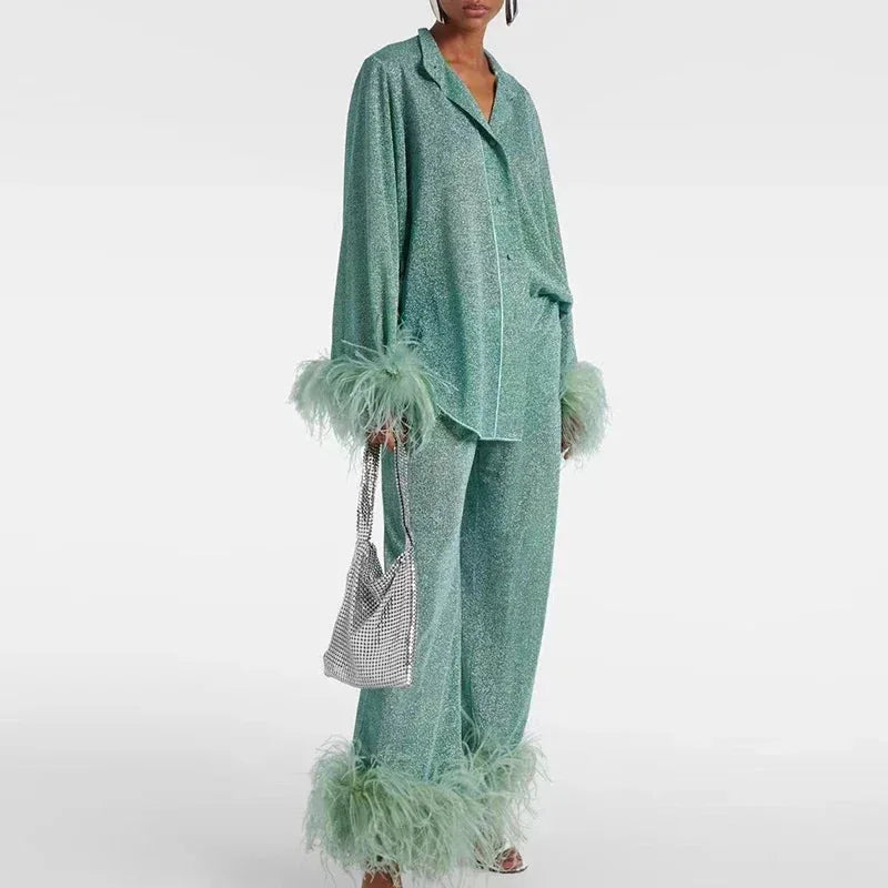 Claudia | Ensemble de Robe de Soirée à Paillettes pour Femmes avec Manches en Plumes – Ensemble Paillettes Manches en Plumes 2026