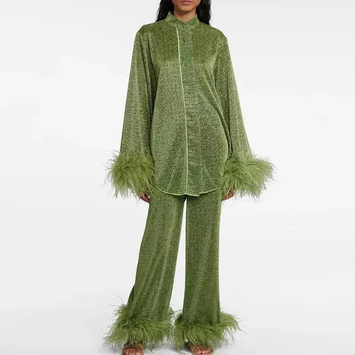 Claudia | Ensemble de Robe de Soirée à Paillettes pour Femmes avec Manches en Plumes – Ensemble Paillettes Manches en Plumes 2026