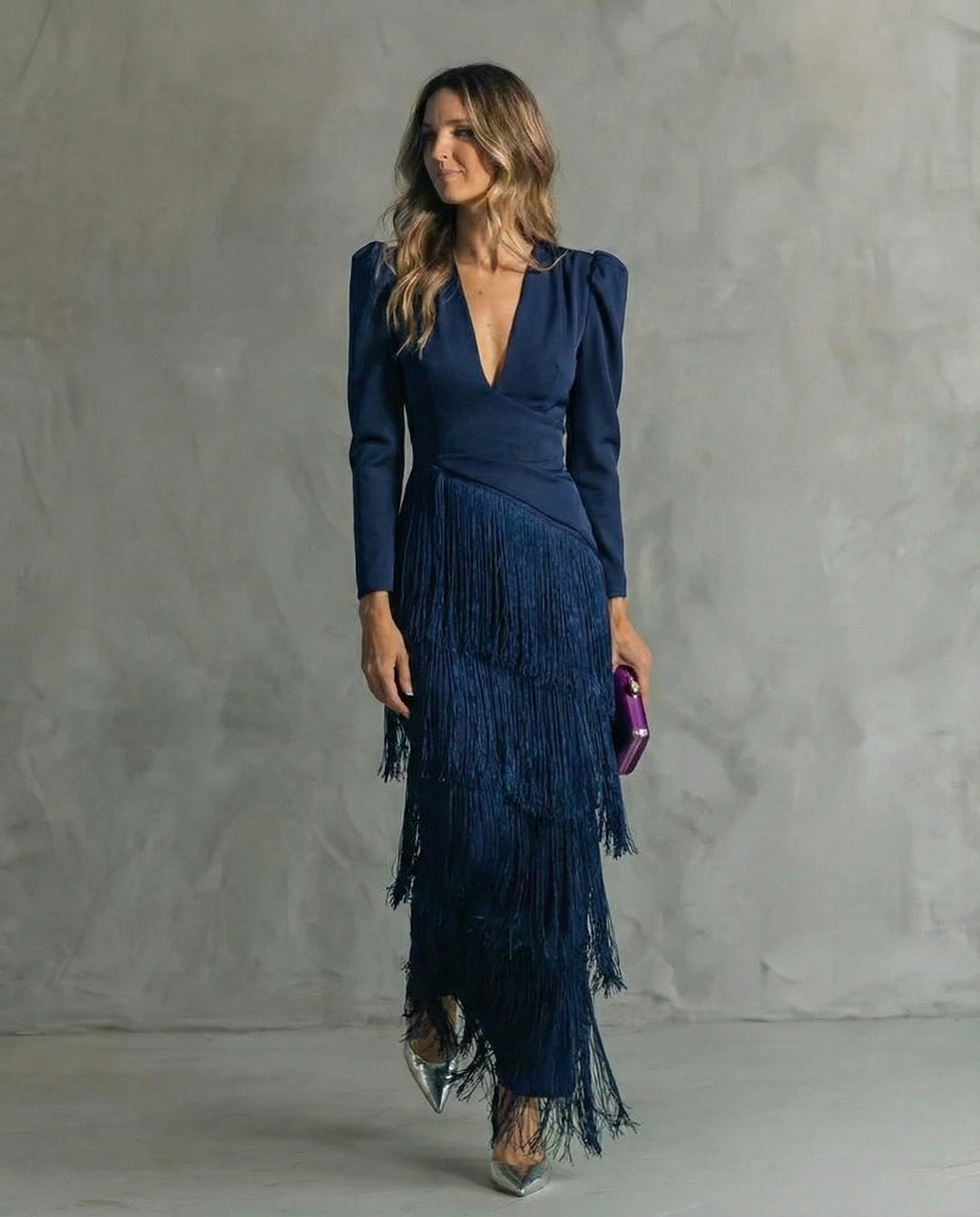 Esmeralda | Robe midi à franges à décolleté en V pour femmes