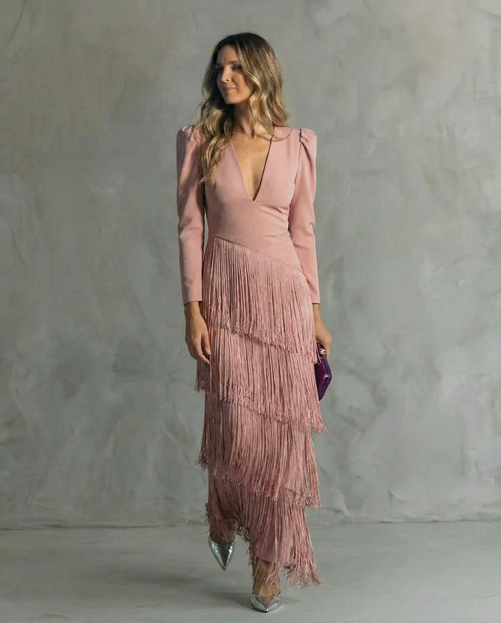Esmeralda | Robe midi à franges à décolleté en V pour femmes