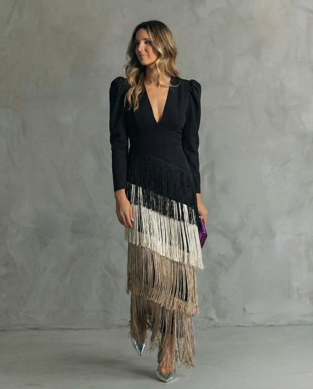 Esmeralda | Robe midi à franges à décolleté en V pour femmes
