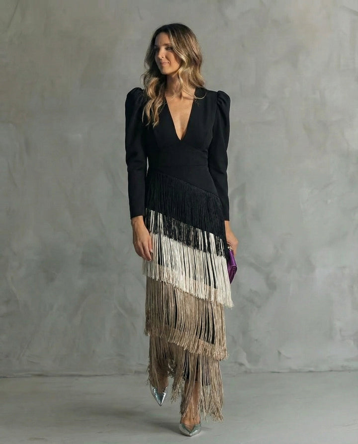 Esmeralda | Robe midi à franges à décolleté en V pour femmes