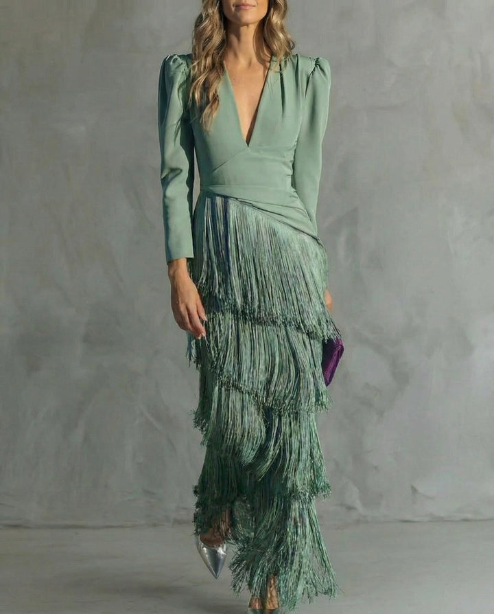 Esmeralda | Robe midi à franges à décolleté en V pour femmes