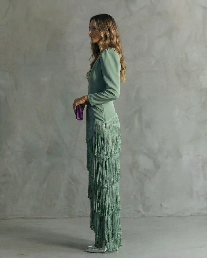 Esmeralda | Robe midi à franges à décolleté en V pour femmes