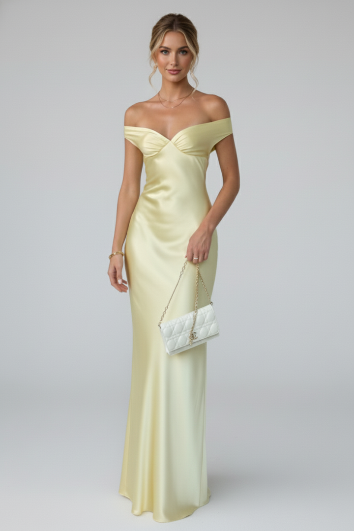 Estelle | Robe Maxikleid Off-Shoulder en Champagne