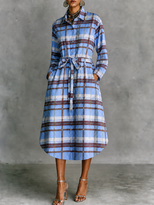 Robe mi-longue nouée boutonnée ample à carreaux, à manches longues, à col revers, couleur contrastée