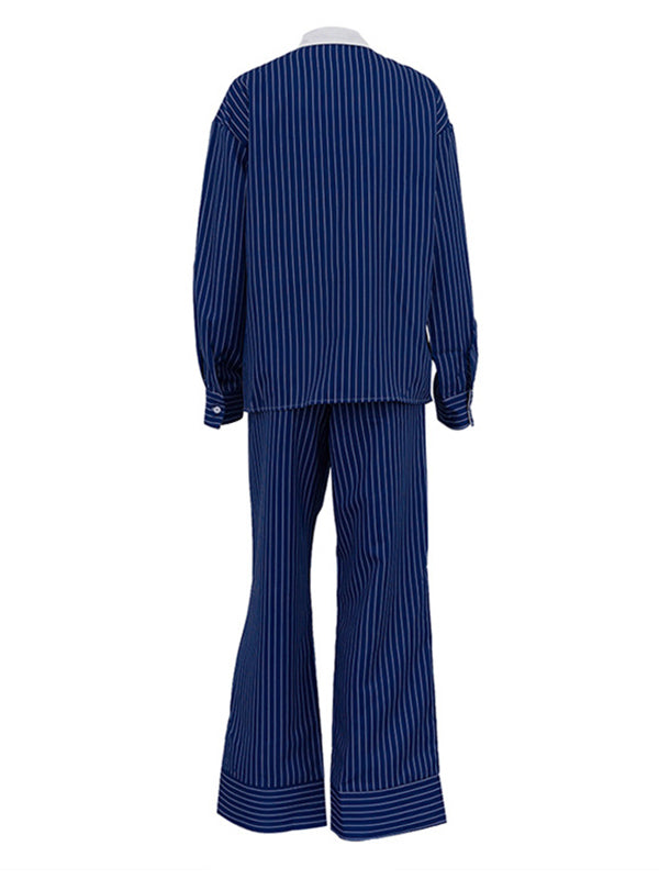 Ensemble deux pièces ample boutonné rayé à manches longues, à poches, à empiècements, à col revers – chemisier + haut + pantalon