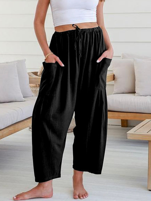 Pantalon ample décontracté coupe droite, à taille élastique, à poches, couleur unie