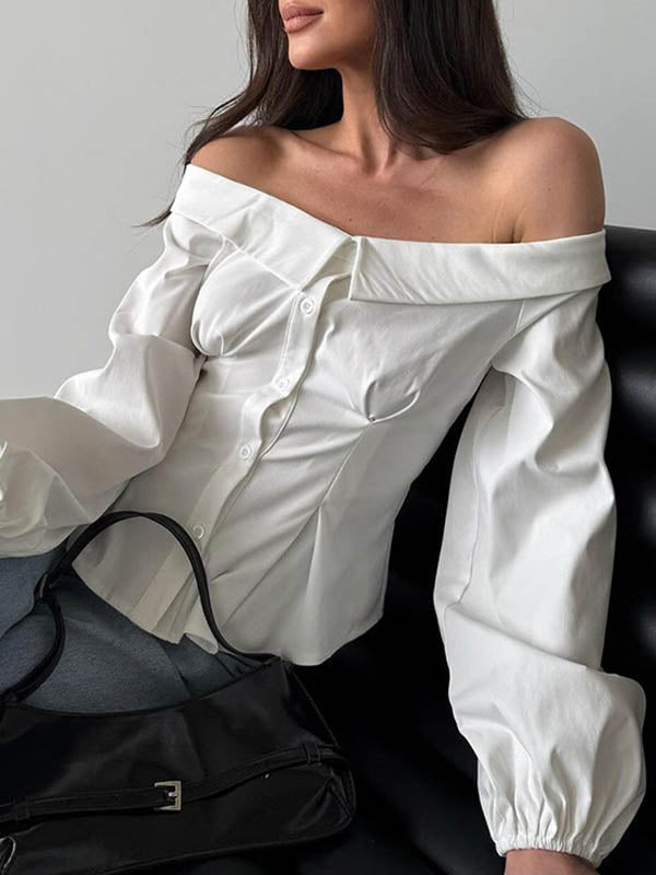 Chemisier ample boutonné à manches longues, à taille élastique, à poches, à épaules dénudées, couleur unie