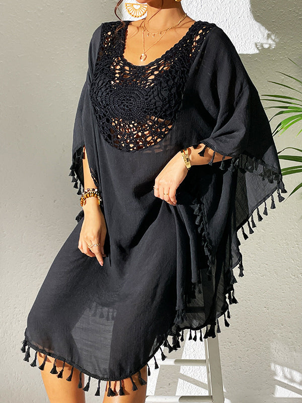 Robe mi-longue ample ajourée à manches chauve-souris, anti-UV, à pompons, à col rond, couleur unie