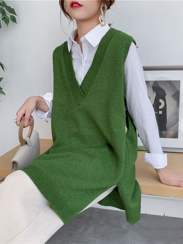Gilet tricoté sans manches à la mode, fendu sur le côté, couleur unie, col en V