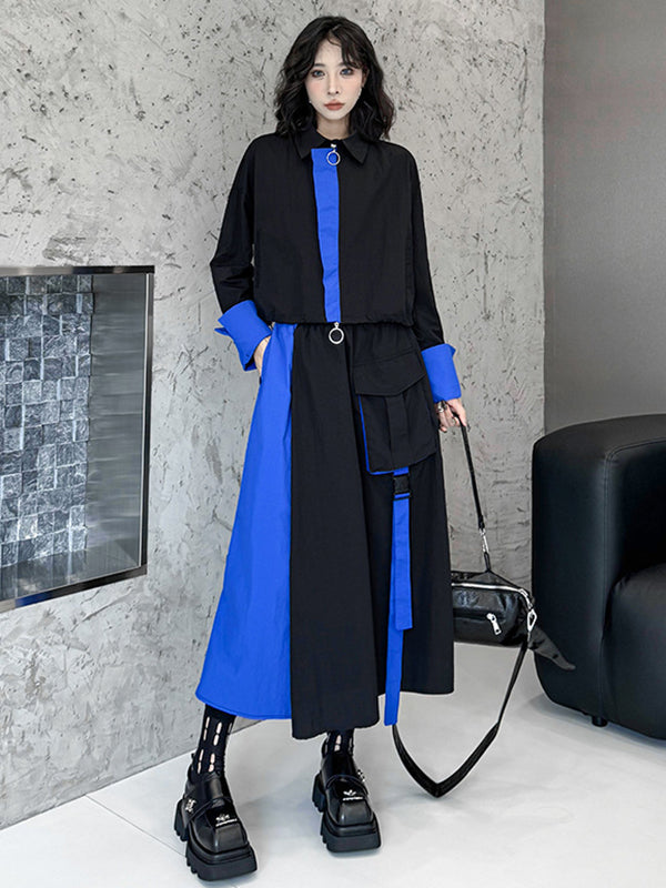Ensemble deux pièces asymétrique à empiècements, à col revers, coupe trapèze, à taille élastique, à poches, à rubans, couleur contrastée – chemisier + jupe