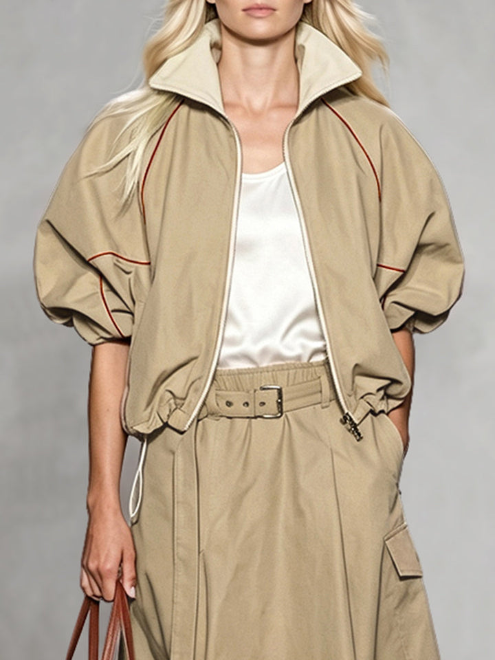Veste ample à fermeture éclair, à cordon de serrage, à manches mi-longues, à col revers, couleur contrastée