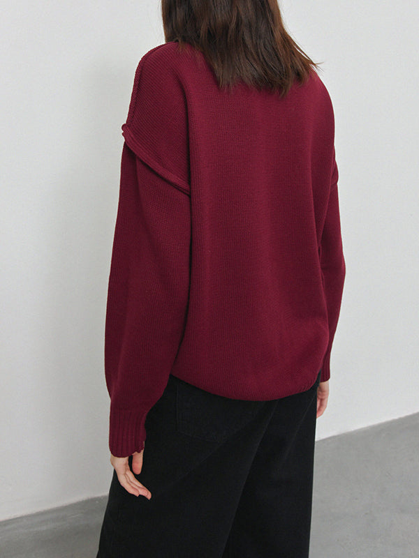 Pull ample à manches longues, à empiècements, à col haut, couleur unie