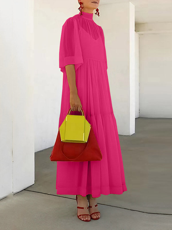 Ensemble deux pièces en maille plissée, ample, grande taille, couleur unie, fente à col montant, robes longues