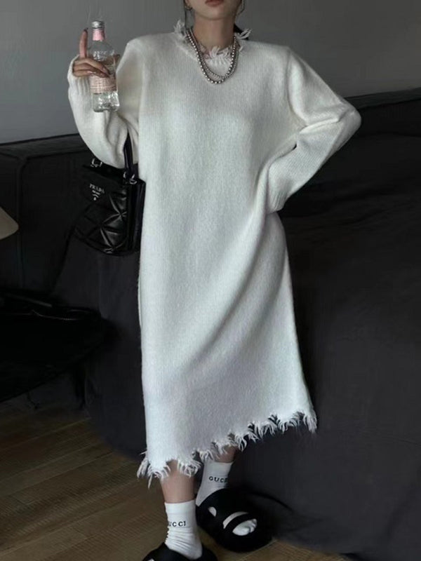 Robe pull taille haute, à manches longues, à franges, à col rond, couleur unie