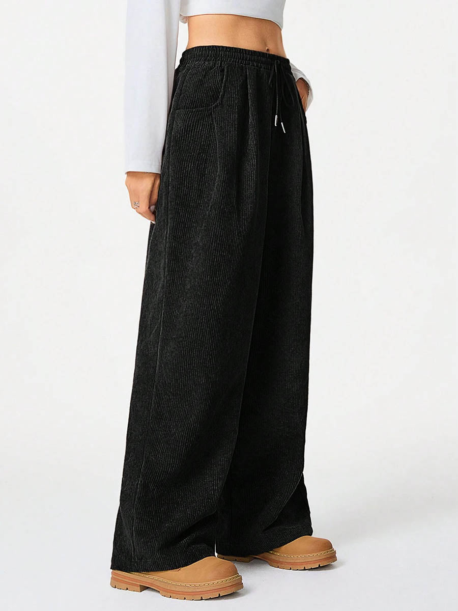 Pantalon taille haute, à jambes larges, à cordon de serrage, à taille élastique, à poches, couleur unie