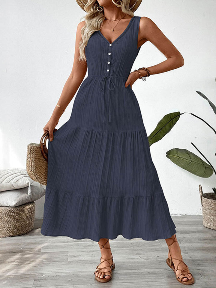Robe longue boutonnée plissée coupe trapèze, taille haute, à taille nouée, à col en V, couleur unie