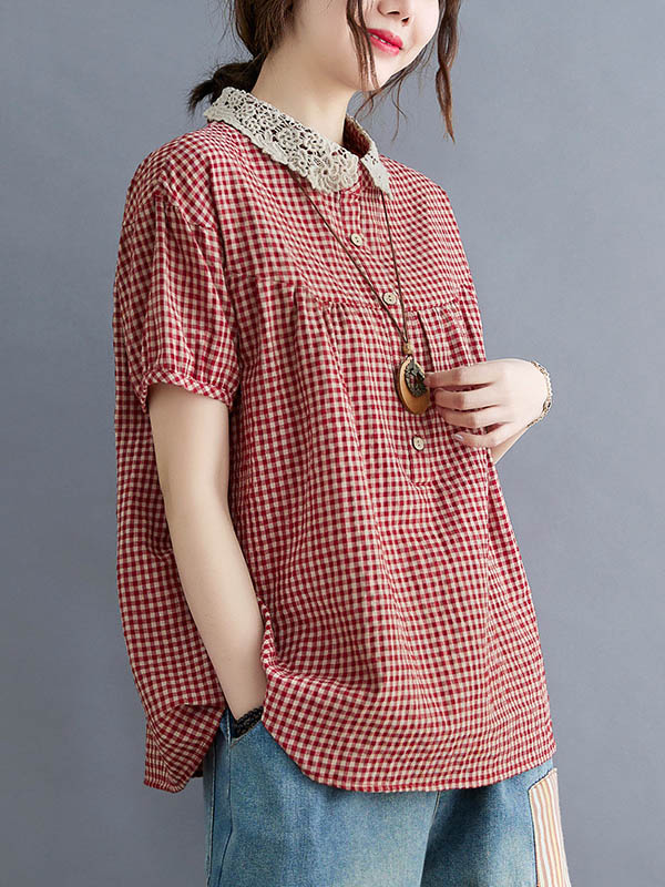 Polo à carreaux en coton mélangé, T-shirts à manches bouffantes, hauts