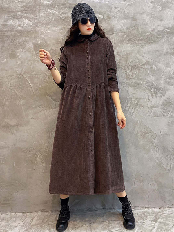 Robe Originale à Revers en Velours Côtelé Uni