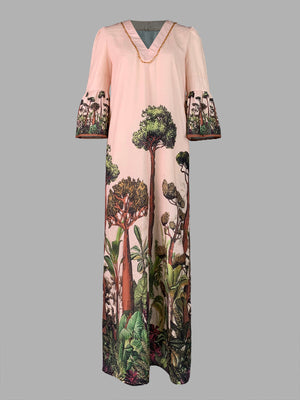 Robe longue ample à manches évasées, à imprimé feuilles, à col en V