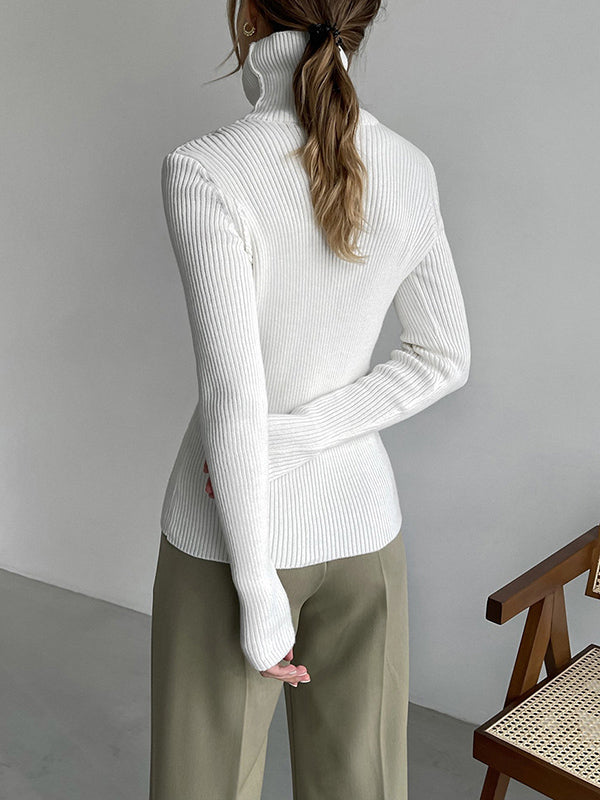 Pull à manches longues, coupe près du corps, à col haut, couleur unie