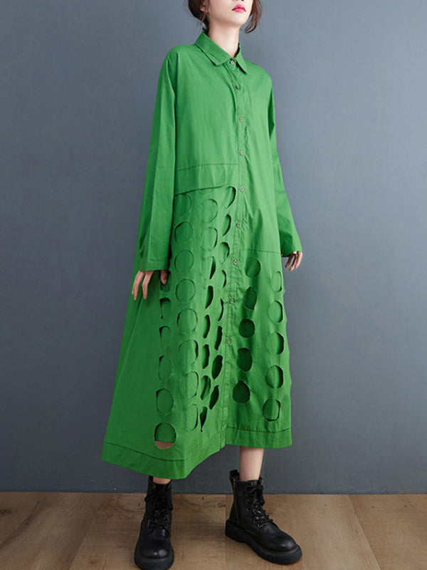 Robe mi-longue asymétrique ajourée coupe trapèze, à manches longues, à pois, à col revers, couleur unie