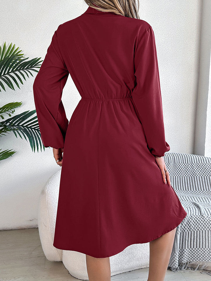 Robe chemise boutonnée plissée nouée coupe trapèze, à manches longues, à col revers, couleur unie