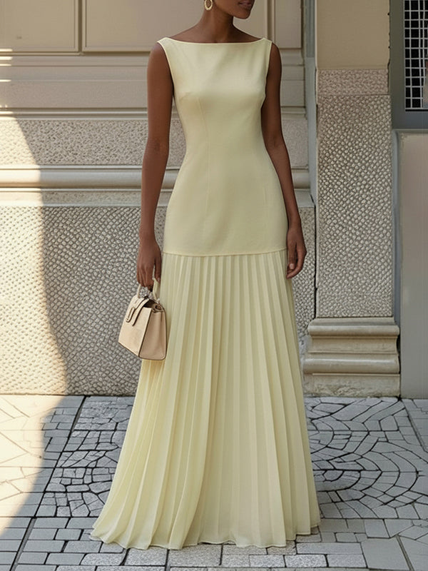 Robe de soirée longue plissée sans manches, en gaze, à empiècements, à col bateau, couleur unie