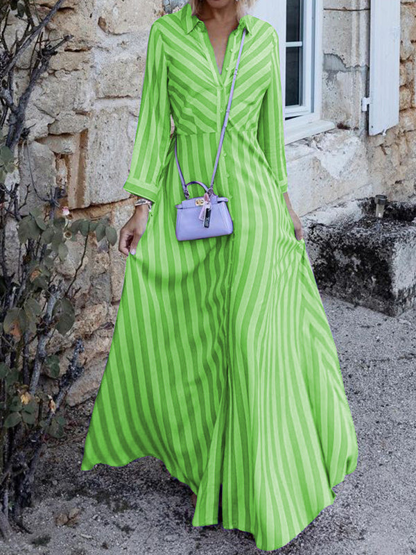 Robe longue élégante rayée à manches longues, à col revers