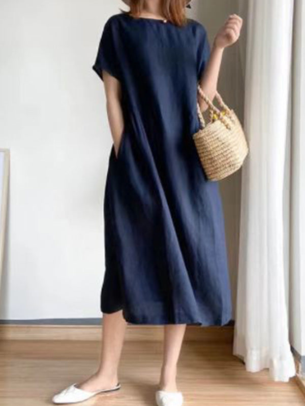 Robe mi-longue décontractée ample à col rond, couleur unie