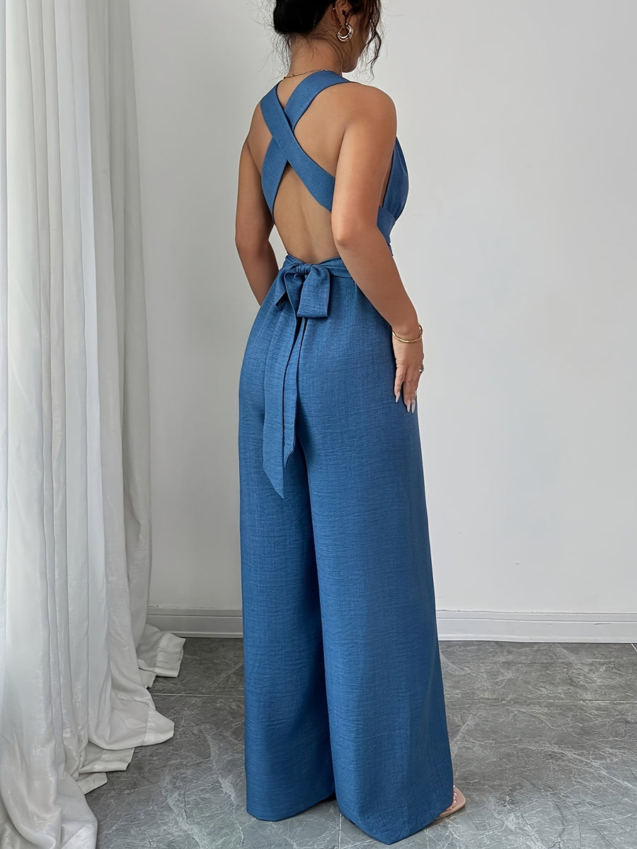 Combinaison nouée taille haute, sans manches, dos nu, à fines bretelles, couleur unie