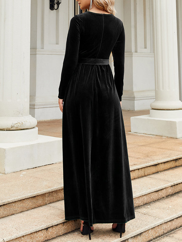 Robe longue plissée à manches longues, coupe portefeuille, avec ceinture, à fermeture éclair, à col rond, couleur unie