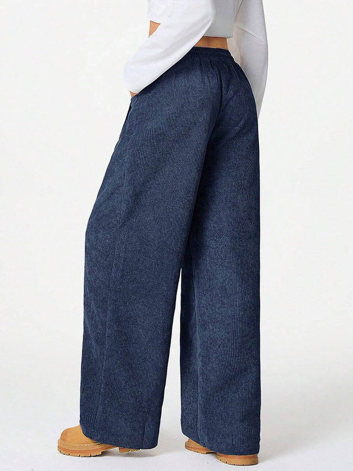 Pantalon taille haute, à jambes larges, à cordon de serrage, à taille élastique, à poches, couleur unie