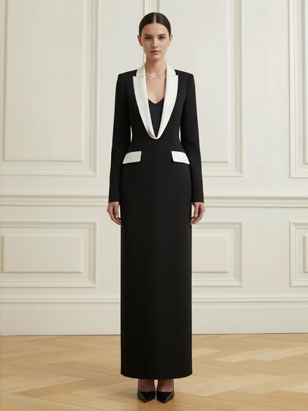 Robe longue à manches longues, à décolleté en V profond, couleur contrastée