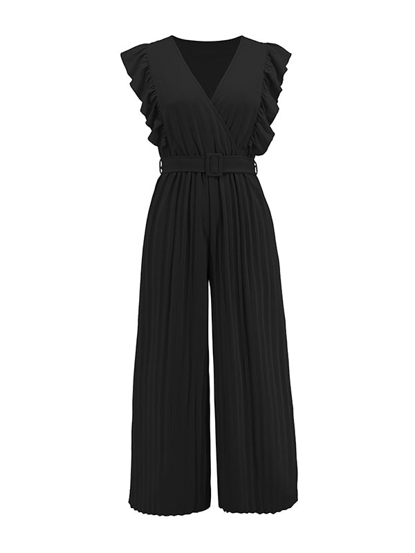 Combinaison ample plissée volantée taille haute, avec ceinture, à col en V, couleur unie