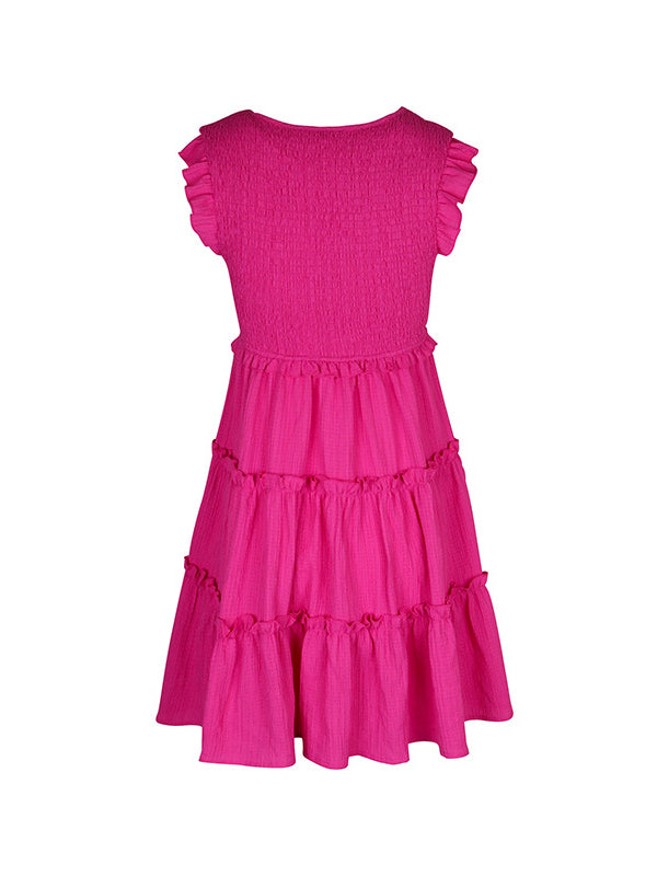 Robe courte ample sans manches, à bordure volantée, à empiècements, à décolleté en V profond, couleur unie