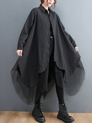Robe ample rayée longue en gaze, à empiècements, à col revers