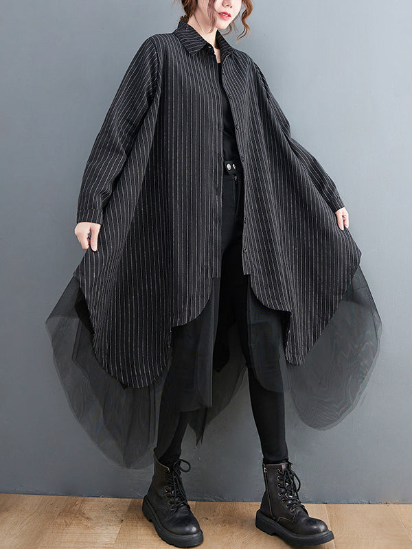 Robe ample rayée longue en gaze, à empiècements, à col revers