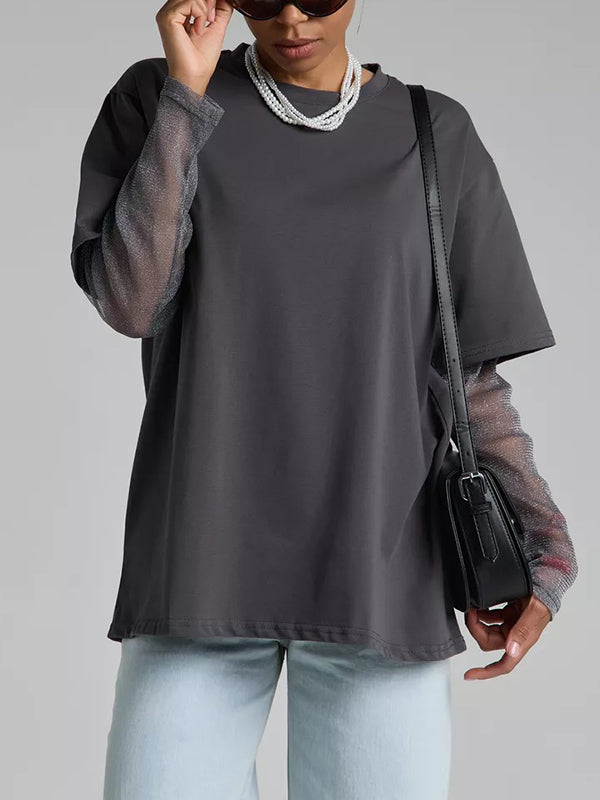 T-shirt ample transparent effet deux pièces, à empiècements, anti-UV, à col rond