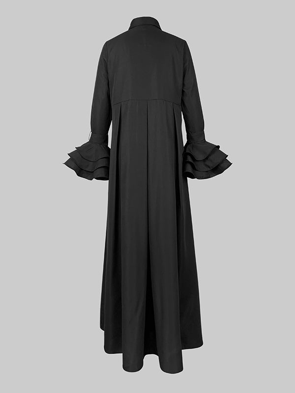 Robe chemise plissée à manches évasées, à empiècements, à col revers, couleur unie