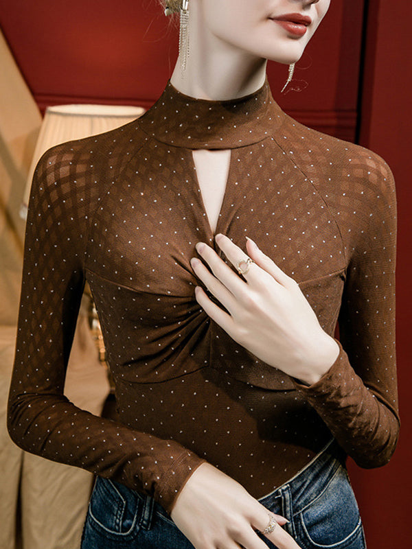 T-shirt ajouré à manches longues, grande taille, à nœud, à pois, à strass, à empiècements, à col cheminée