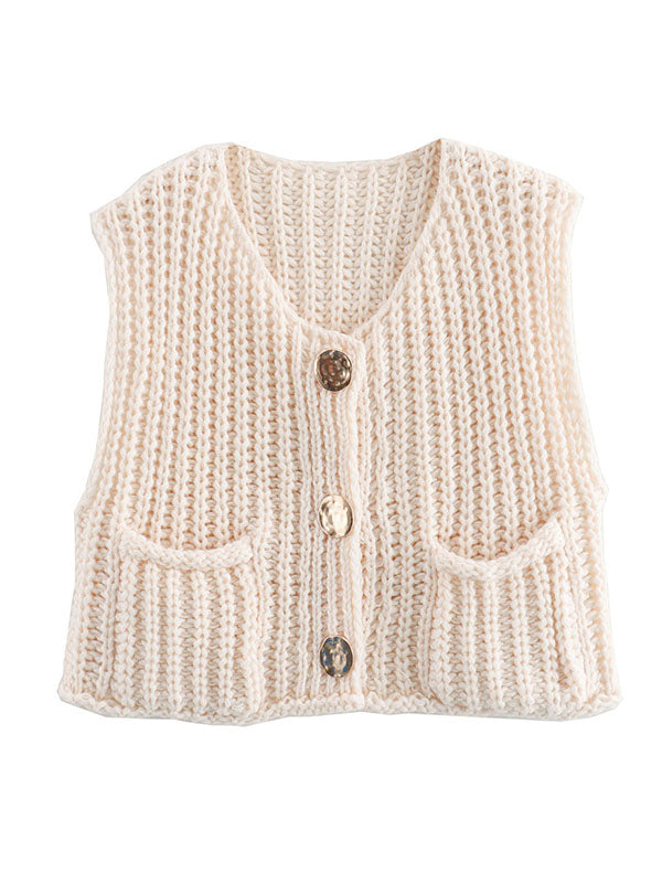 Gilet sans manches ample boutonné à poches, à col en V
