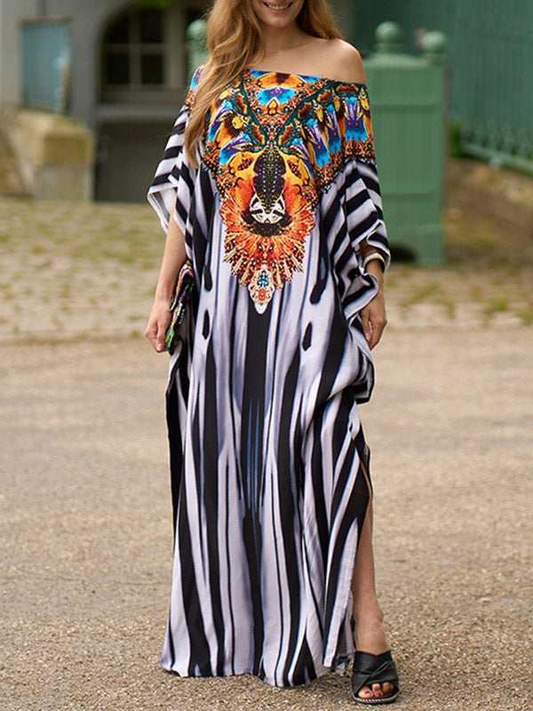 Robe longue de plage à manches chauve-souris, ample, imprimée, fendue sur le côté, rayée, col en V