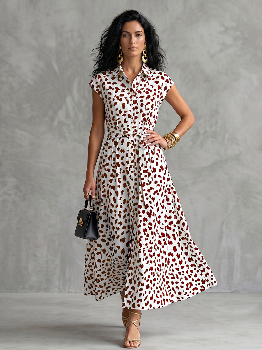 Robe chemise boutonnée imprimée coupe trapèze, à mancherons, à imprimé léopard, à taille nouée